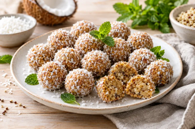 Vegane Quinoa-Kokos-Balls auf einem Teller, goldbraun gebacken und mit Kokosraspeln bestreut