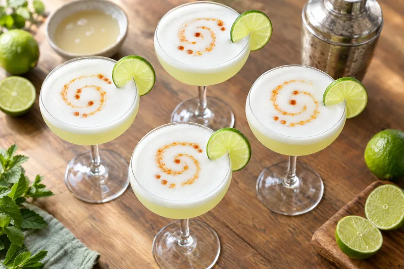 Vegane Pisco Sour Cocktails mit Schaumkrone und Limettenscheiben in Gläsern