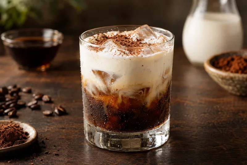 Veganer White Russian im Glas mit cremiger Sahneschicht auf dunklem Kaffeelikör und Eiswürfeln.