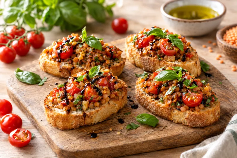 Vegane Bruschetta-Toasts mit Linsen-Tomaten-Topping und frischem Basilikum