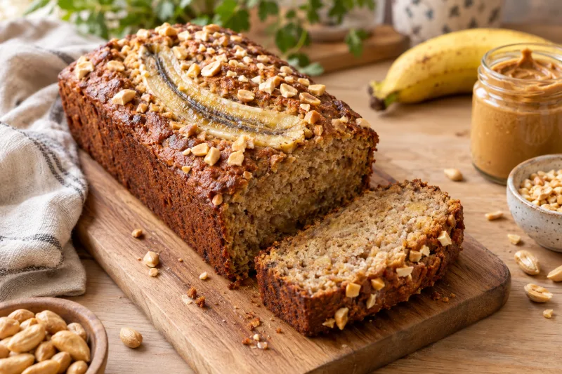Veganes Erdnussbutter-Bananen-Brot mit Bananenhälfte und Erdnüssen auf einem Holzbrett