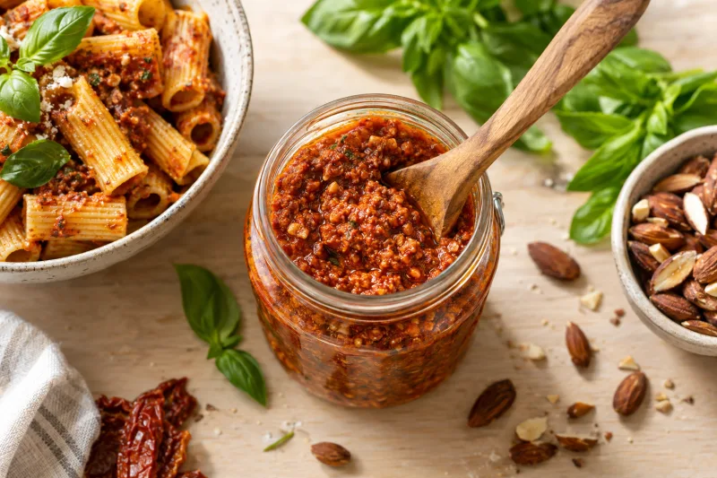 Veganes Pesto Rosso in einem Glas mit Nudeln und frischem Basilikum