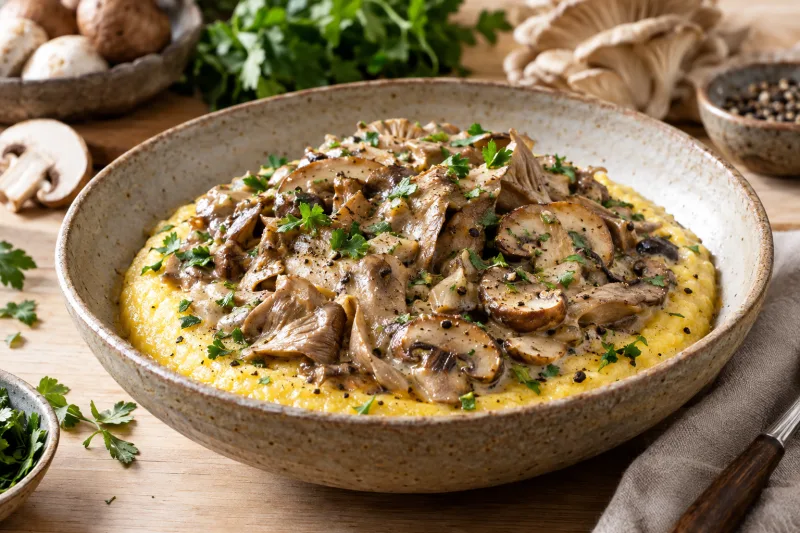 Cremiges veganes Pilzragout auf goldgelber Polenta, garniert mit Petersilie auf einem hellen Teller