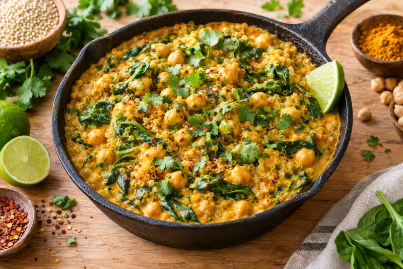 Veganes Quinoa-Kichererbsen-Curry mit Spinat in einer Pfanne, mit Koriander bestreut