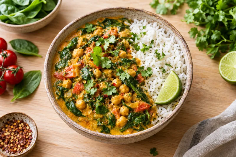 Veganes Spinat-Kichererbsen-Curry mit Kokosmilch in einer Schale, garniert mit Koriander
