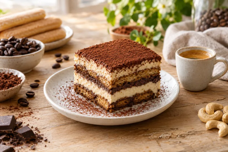 Stücke von veganem Tiramisu mit Kakaopulver bestäubt auf einem Teller, neben Espresso