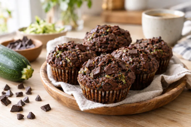 Vegane Zucchini-Schoko-Muffins mit Schokostückchen auf einem Holzteller