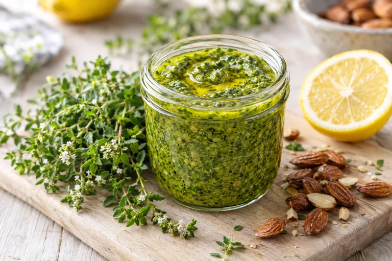 Glas mit grünem Zitronenthymian-Pesto, daneben frische Thymianzweige und Zitrone