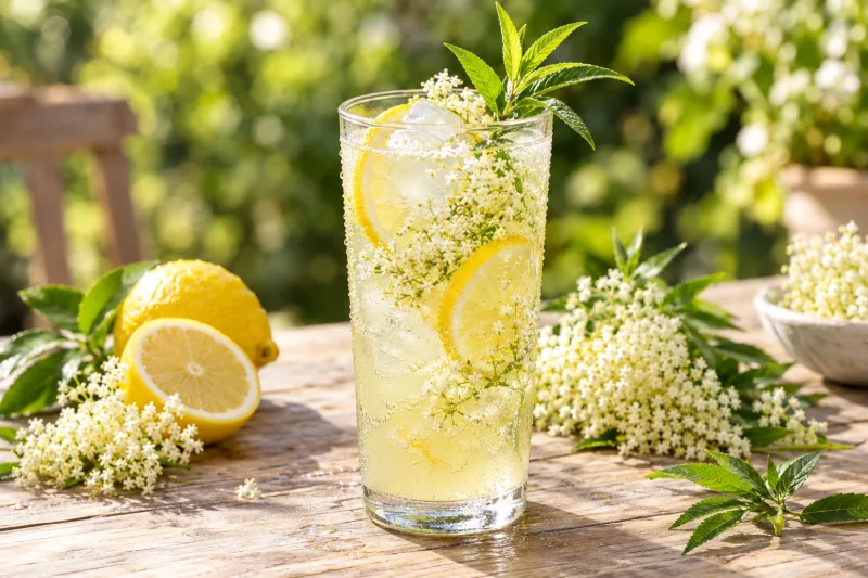 Glas mit eisgekühlter Zitronenverbene-Holunderblütenlimonade, garniert mit Zitronenscheibe und Blüten