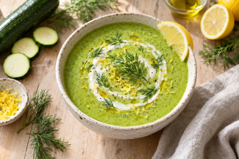 Cremige vegane Zucchinisuppe mit Dill und Zitronenabrieb in einer hellen Schale, garniert mit frischem Dill.