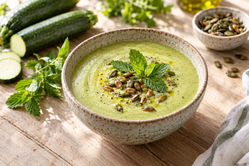 Cremige vegane Zucchinisuppe mit Minzblättern und Kürbiskernen in einer Schale