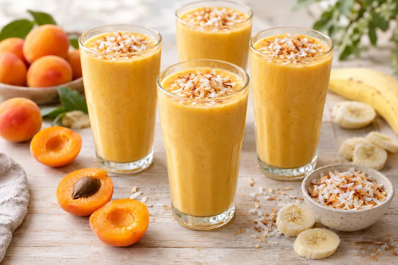 Vier Gläser mit gold-orange Aprikosen-Kokos-Smoothie, mit Kokosraspeln bestreut
