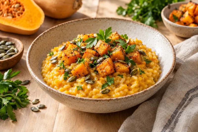 Cremiges veganes Butternut-Kürbis-Risotto mit Kürbiskernen und Petersilie auf einem Teller
