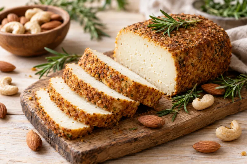 Veganer Cashew-Mandel-Käse in Scheiben geschnitten auf einem Holzbrett