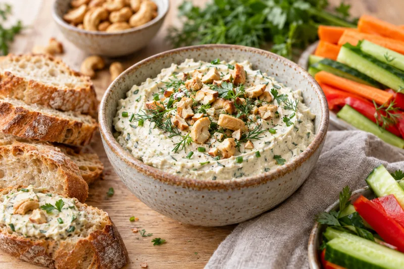 Cremiger veganer Cashewkäse mit Kräutern in einer Schale, mit gehackten Cashews bestreut