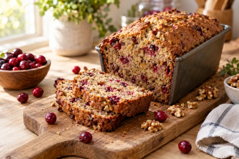Veganes Cranberry-Walnuss-Brot in einer Kastenform, angeschnitten, mit sichtbaren Cranberries und Walnüssen.