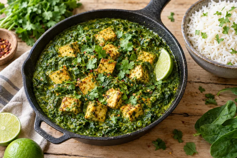 Veganes Spinat-Tofu-Curry in einer Pfanne mit Basmatireis und Limette