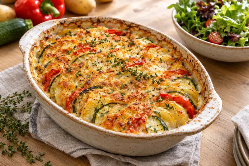 Goldbraunes veganes Kartoffel-Gemüse-Gratin in einer Auflaufform mit cremiger Soße