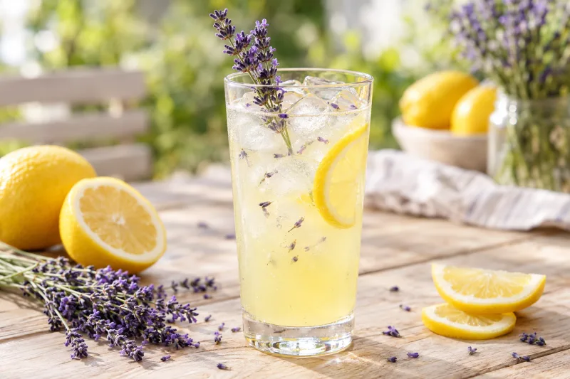 Glas mit Lavendel-Zitronenlimonade, Eiswürfeln und Lavendelzweig