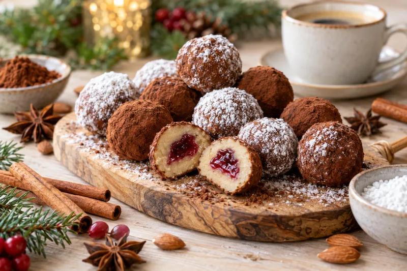 Vegane Marzipankartoffeln mit Kakaopulver bestäubt auf einem Teller
