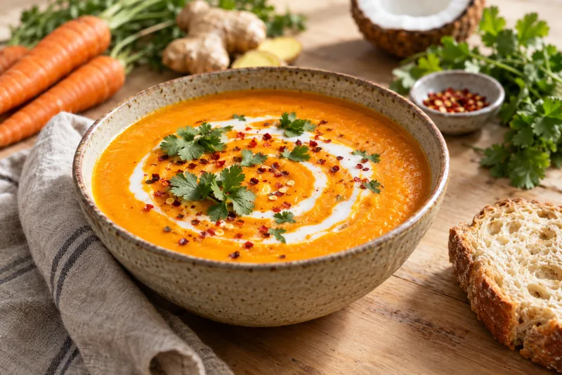 Cremige vegane Möhren-Ingwer-Suppe in einer Schüssel mit Kokosmilch und Kräutern