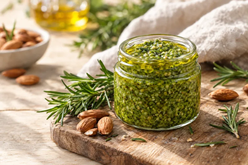 Veganes Rosmarin-Pesto in einem Glas mit frischen Rosmarinzweigen und Mandeln