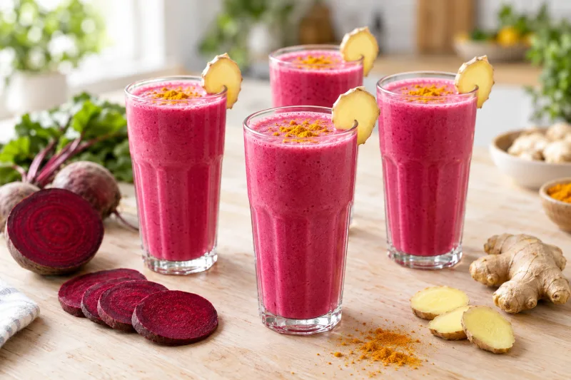 Vier Gläser mit leuchtend pinkem Rote Beete-Ingwer-Smoothie, mit Kurkuma bestäubt.