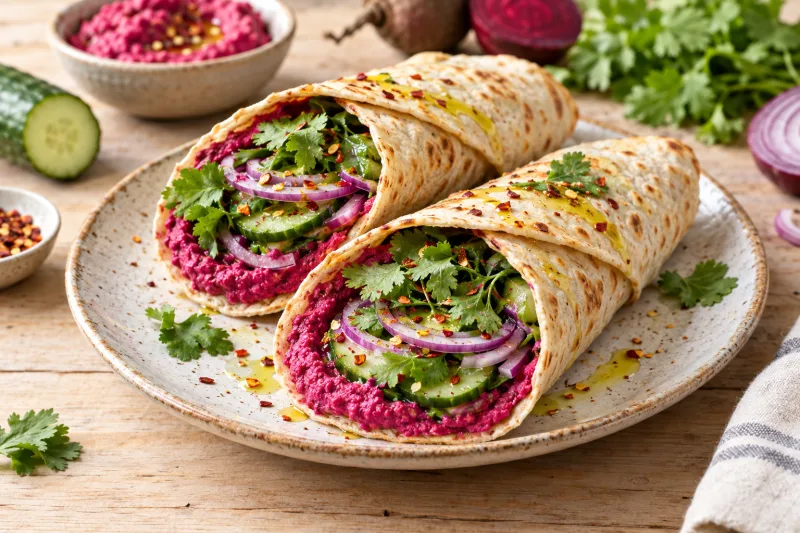 Vegane Rote-Bete-Hummus-Tortillas mit Gurke und Koriander auf einem Teller