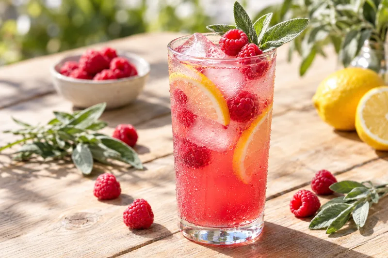 Glas mit Salbei-Himbeerlimonade, garniert mit Himbeeren und Salbei