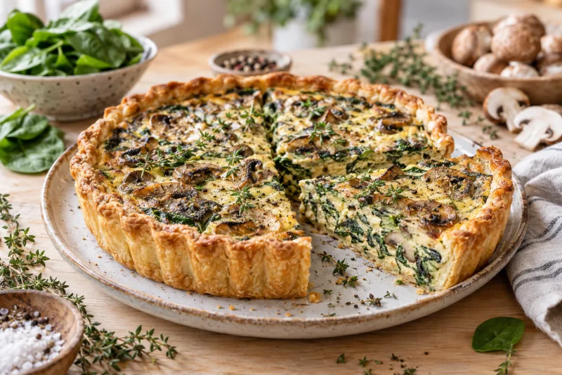 Vegane Spinat-Pilz-Quiche auf einem Teller, goldbraun gebacken, mit frischen Kräutern garniert.