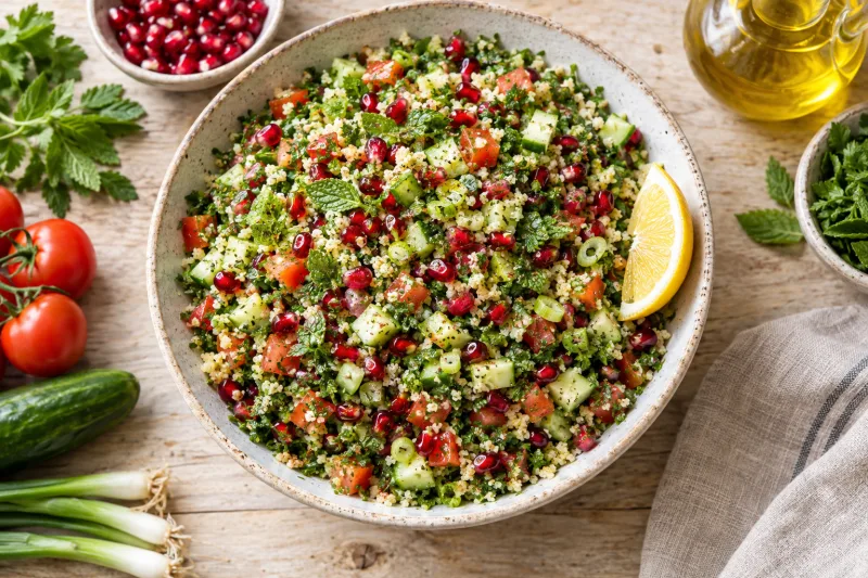 Veganer Tabbouleh-Salat mit Minze, Petersilie und Granatapfelkernen in einer Schüssel