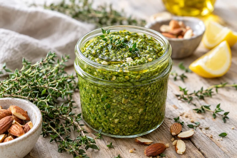 Veganes Thymian-Pesto in einem Glas mit frischen Thymianzweigen und Mandeln