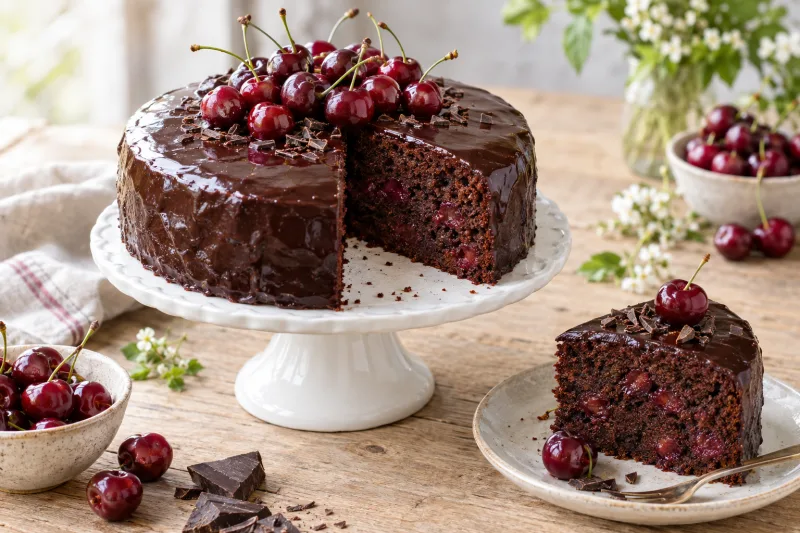 Vegane Schoko-Kirsch-Torte mit glänzender Schokoglasur und Kirschen on top