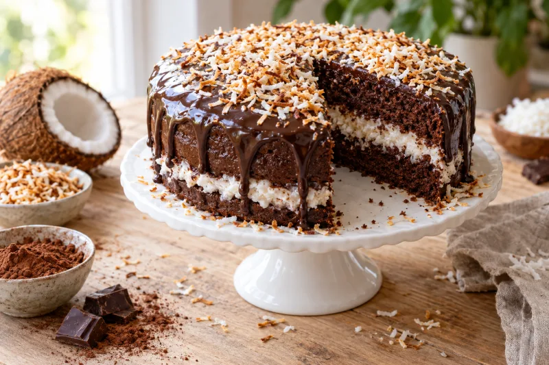 Vegane Schoko-Kokos-Torte mit Schokoglasur und Kokosraspeln auf einem Kuchenteller