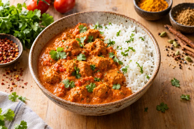 Veganes Chicken Tikka Masala mit Sojasticks in cremiger Tomatensauce auf Reis mit Koriander