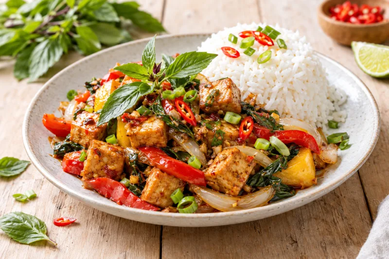 Veganes Pad Kra Pao mit knusprigem Tofu, buntem Gemüse und Thai-Basilikum auf einem Teller mit Reis.