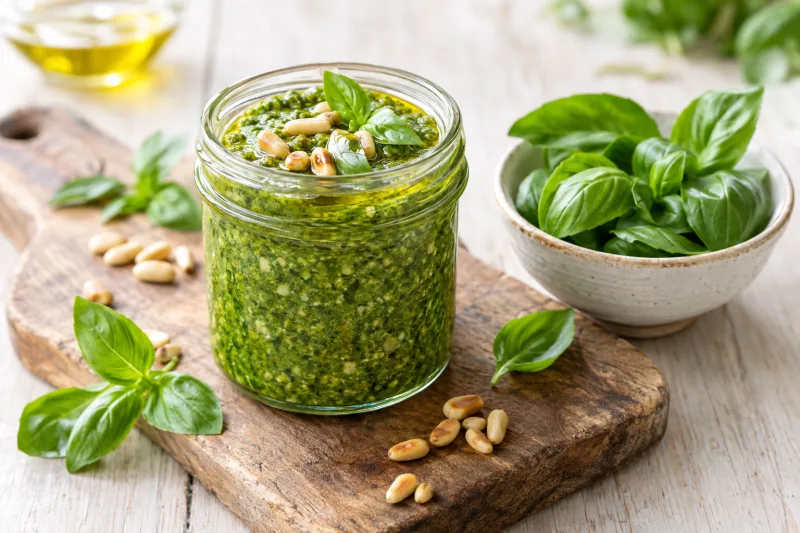 Veganes Pesto Verde in einem Glas mit Basilikumblättern und Pinienkernen obendrauf