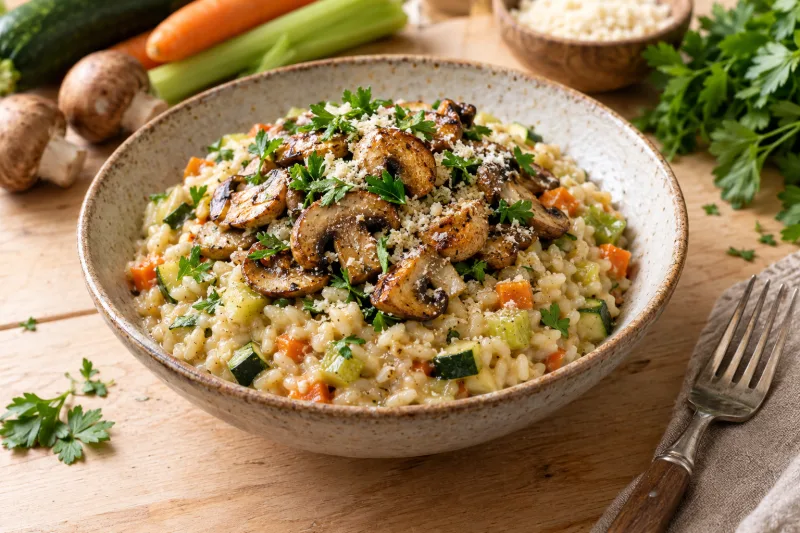 Veganes Pilz-Gemüse-Risotto mit gebratenen Pilzen und Petersilie auf einem Teller
