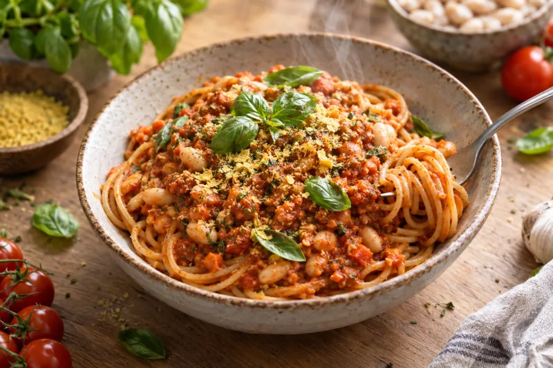 Vegane Weiße-Bohnen-Bolognese mit Spaghetti, frischem Basilikum und Hefeflocken auf einem Teller