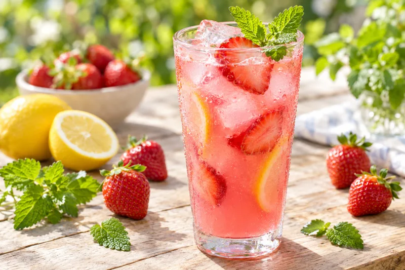 Glas mit rosa Zitronenmelisse-Erdbeerlimonade, garniert mit Erdbeeren und Melisse