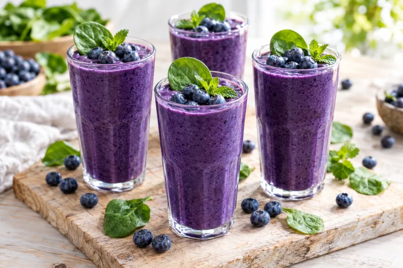 Vier Gläser tiefblauer Blaubeer-Spinat-Smoothie mit frischen Beeren und Minze garniert