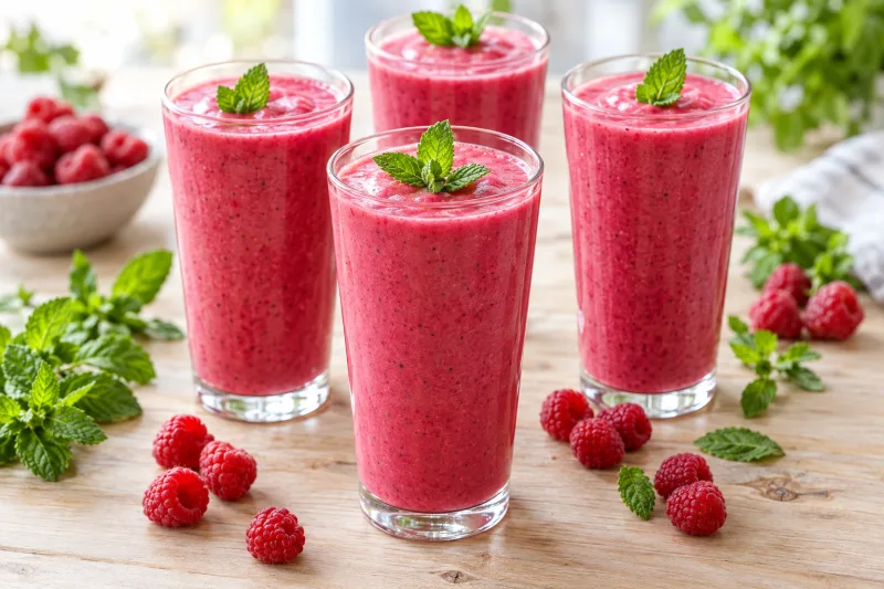 Vier Gläser mit pinkem Himbeer-Minz-Smoothie, garniert mit frischen Minzblättern