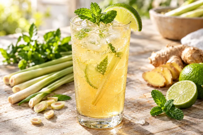 Glas mit Ingwer-Zitronengras-Limonade, Eiswürfeln und Minze
