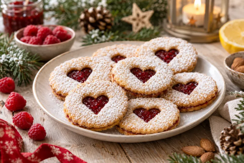 Vegane Linzer Plätzchen mit Puderzucker bestäubt auf einem Teller