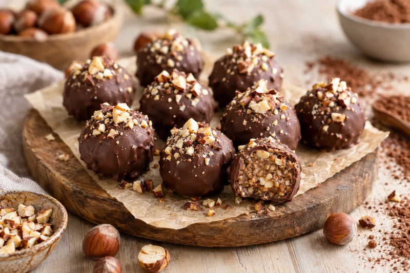 Vegane Nuss-Nougat-Kugeln mit Schokoladenüberzug und gehackten Haselnüssen auf Backpapier