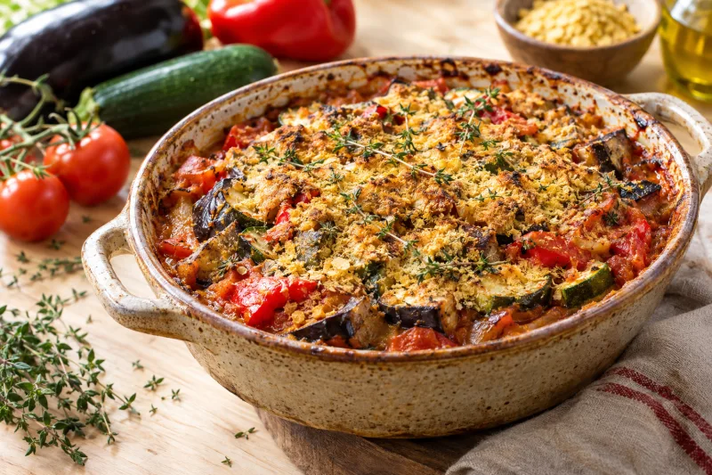 Veganes Ratatouille-Gemüsegratin mit goldbrauner Kruste in einer Auflaufform