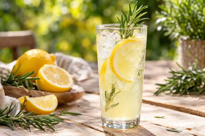 Glas mit eisgekühlter Rosmarin-Zitronenlimonade, garniert mit Zitronenscheibe und frischem Rosmarin