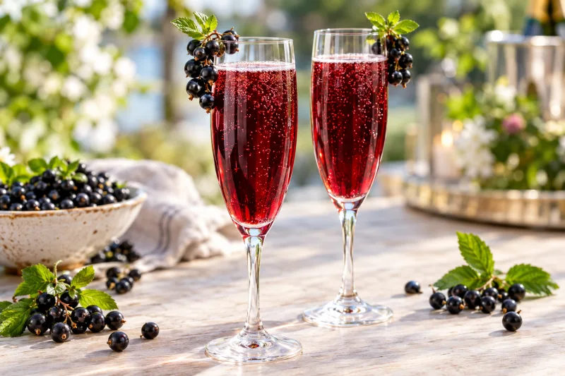 Veganer Kir Royale Cocktail in Sektgläsern mit Johannisbeeren garniert