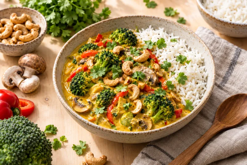 Veganes Cashew-Curry mit Brokkoli und Pilzen in einer Schüssel mit Reis und Koriandergrün