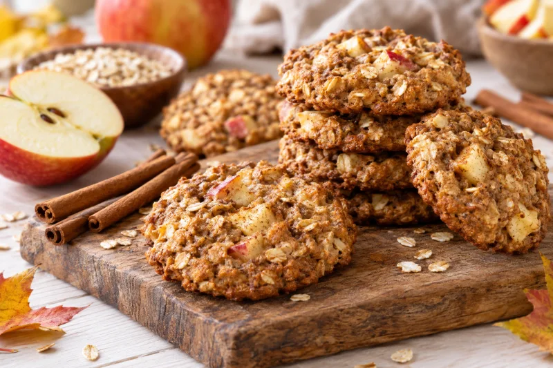 Vegane Apfel-Zimt-Haferflockenkekse auf einem Teller mit Zimtstangen